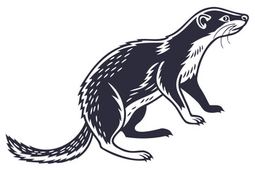 Illustration of a cute black and white ferret standing up looking to the right side animal drawing art 100 isolated on transparent background