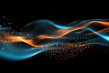 "Abstract glowing waves with blue and orange light trails on a dark background"

