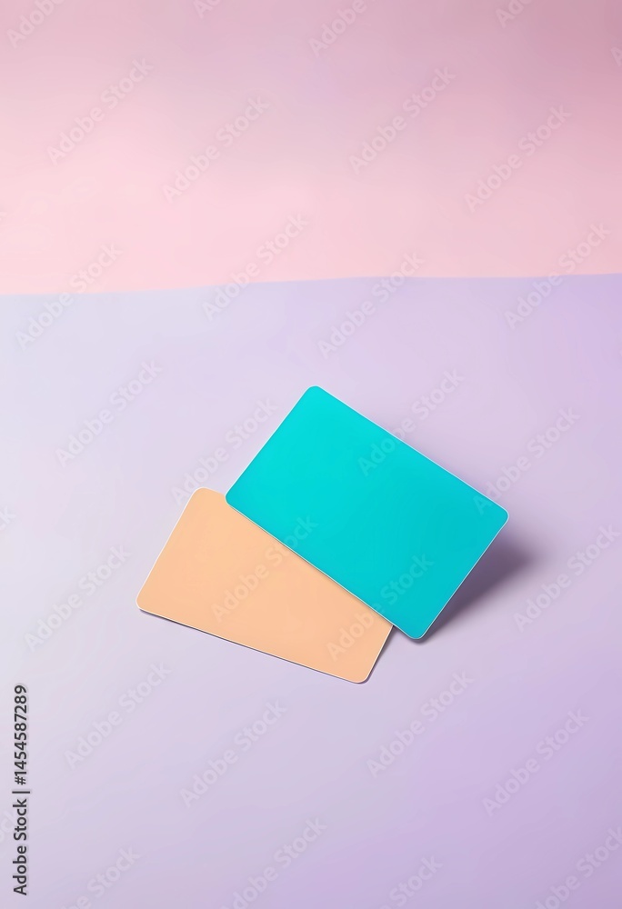 Poster two abstract cards, one turquoise and one sandy beige, rest on a soft pastel background that transit