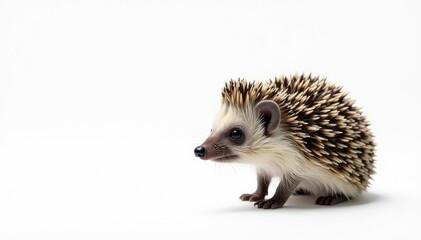 Obraz premium A lone hedgehog against a stark white backdrop, showcasing intricate details, wildlife, mammal, hedgehog