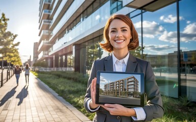 Fototapeta na wymiar Real estate agent showing building on tablet, outdoors.