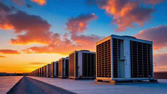 Rows of industrial air conditioning units against a vibrant sunset sky, showcasing modern technology