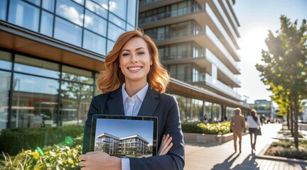 Businesswoman with tablet showing building design, smiling.