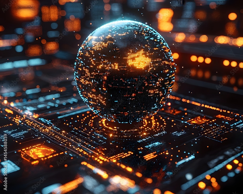 Poster a dynamic hologram of a glowing globe representing real time ai powered marketing data and worldwide