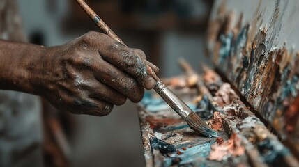 Obraz premium Artist's hand mixing paint with brush on palette