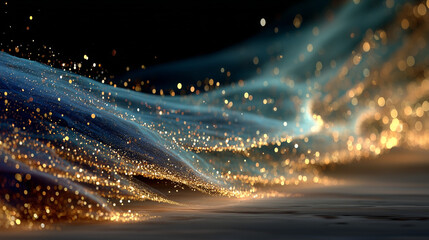 Abstract light waves with shimmering particles against a dark background  