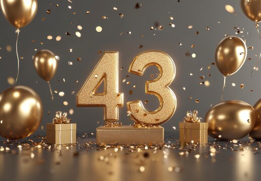 Sparkling Gold 43 Celebration with Balloons and Confetti Decorations