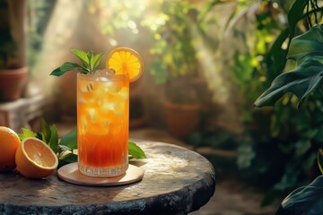 Planter’s Punch Cocktail in Colonial Courtyard with Sunlit Vines and Stone Table