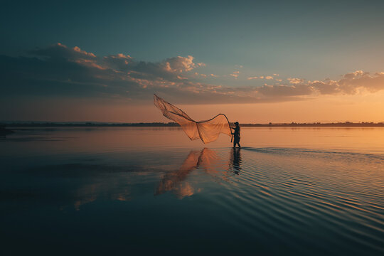 Solitary Fisherman Casting Net at Golden Hour Over Shimmering Coastal Waters