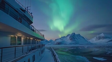 Majestic cruise ship observes the northern lights over arctic mountains.
