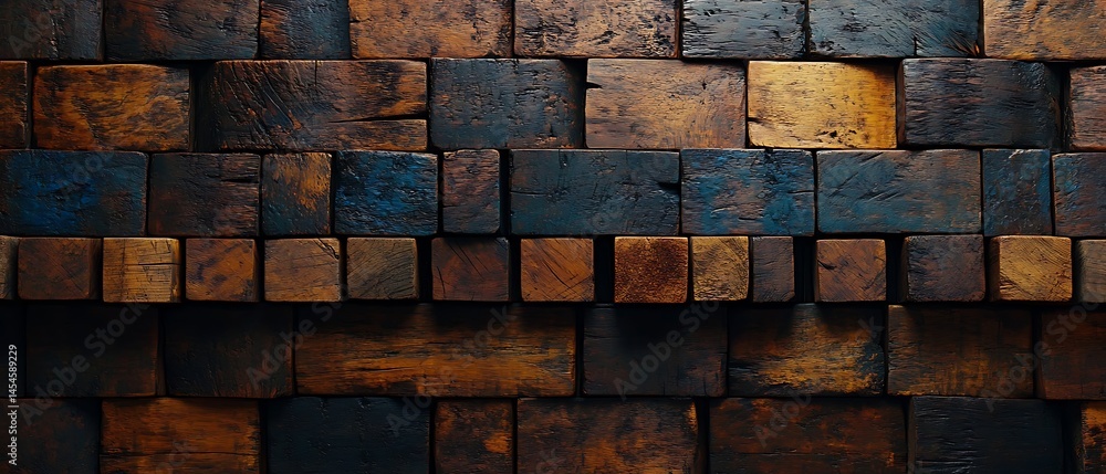 Aufkleber a close-up view of a textured wooden wall made of variously colored blocks arranged in a pattern