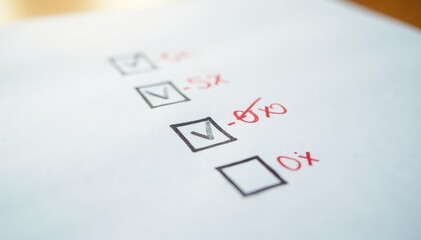Close-up of ballot paper with marked choice on white background, election, record, process