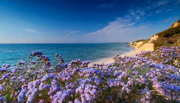 blue limonium flowers grow on the sea beach