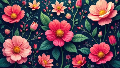 Continuous blooming flowers, intricate details, texture, textile, blossom