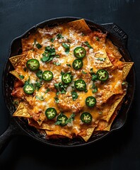 Delicious Cheesy Nachos Topped with Fresh Jalapeños and Cilantro in a Cast Iron Skillet