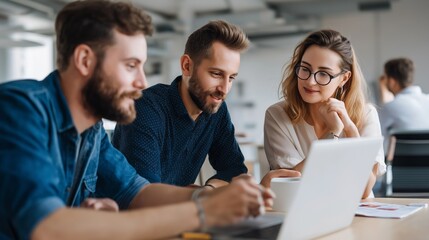 Fototapeta premium Three business individuals focus on a laptop screen in a bright, modern office. They engage in discussion while surrounded by a productive atmosphere during work hours