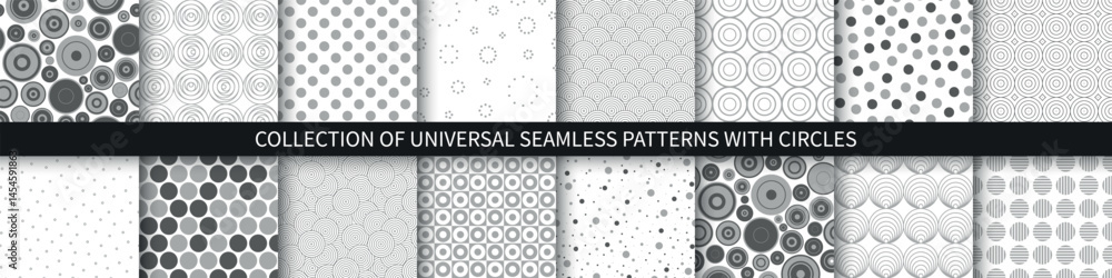 Poster Collection of vector seamless geometric patterns in different styles. Monochrome repeatable unusual textile backgrounds with circles and dots. Gray and white design. Textile endless creative prints