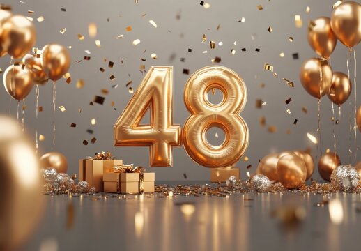 Cheerful Golden Celebration Theme with Balloons and Gifts for 48th