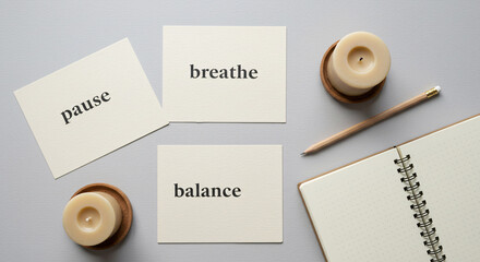 Mindfulness Flatlay: Calming mental health cards with candles and stationery