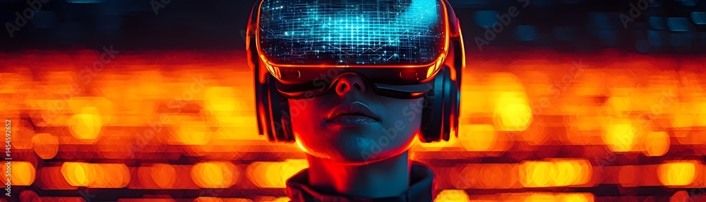 Poster technician using virtual reality to monitor a renewable energy grid with holographic visuals