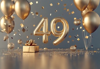 Festive Golden Balloons and Confetti for Celebration of 49th Birthday