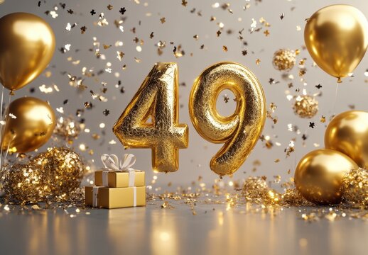 Golden 49th Birthday Celebration with Balloons and Glitter Confetti