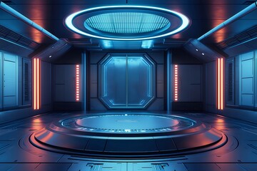 メタリックブルーSFインテリアデザイン 赤と青のライトで照らされた未来的な通路