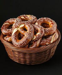 Freshly Baked Soft Pretzels in a Rustic Basket with Sea Salt on Dark Background