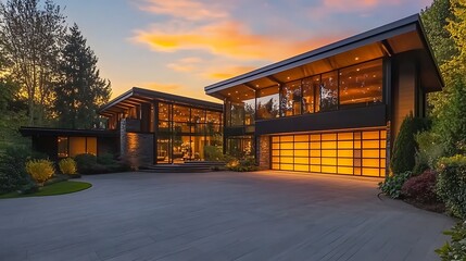 Modern home exterior at golden hour.