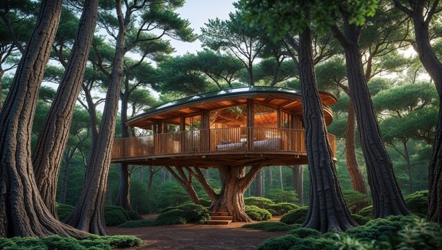 Rustic treehouse nestled amongst towering pines. Warm lighting illuminates the wooden structure, creating a serene atmosphere. - Powered by Adobe