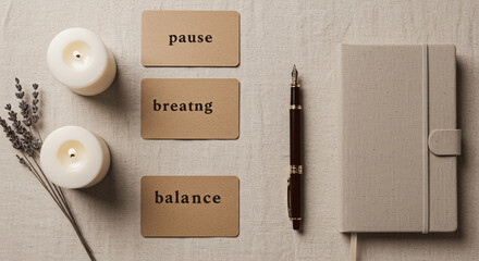 Natural Flatlay: Mental health cards with lavender and candles