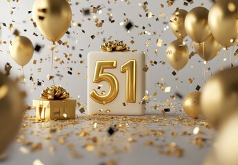 Golden Celebration for 51st Birthday with Balloons and Confetti