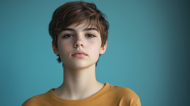Portrait of serious transgender nonbinary teen, casual clothes, studio background, respectful tone