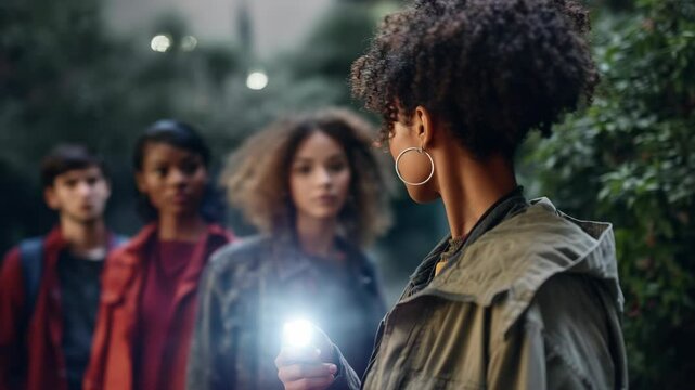 Group of young adults on a night hike outdoors with a woman leading the way shining a flashlight in the woods, friendship adventure