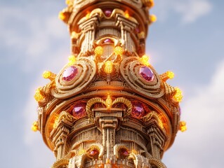 Fototapeta premium Opulent column fragment adorned with intricate golden filigree, shimmering gems, and glowing orbs against a bright sky. A testament to artistry.