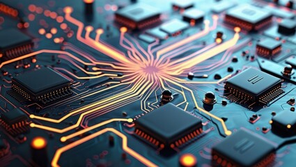 Abstract Digital Illustration Featuring Circuit Boards And Computer Components, Showcasing A Futuristic Design With Glowing Lines And Elements Representing Data Processing And Cybersecurity Concepts.​