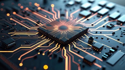 Abstract Digital Illustration Featuring Circuit Boards And Computer Components, Showcasing A Futuristic Design With Glowing Lines And Elements Representing Data Processing And Cybersecurity Concepts.​