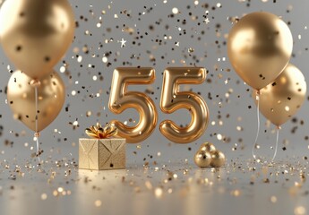 Golden Celebration with Balloons, Confetti, and Gift for Milestone Event