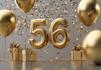 Golden 56 Birthday Celebration with Balloons and Gifts in Background