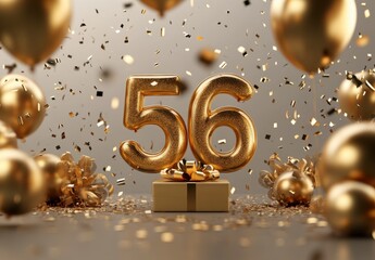 Golden Celebration with Number 56, Balloons, and Festive Confetti