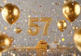 Golden Celebration Scene with Balloons and Glitter Confetti