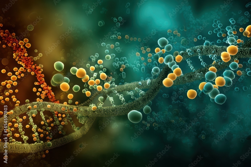 Poster visualization of dna strand affected by bacterial colonies demonstrating mutation effects in a scien