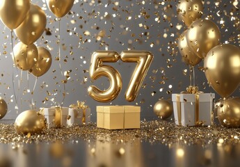 Golden Celebration with Balloons, Confetti, and Gifts for 57th Birthday