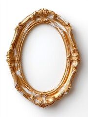 Ornate oval frame with golden details and distressed white paint, casting a soft shadow on a clean white backdrop.