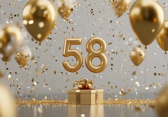 Golden 58 Celebration with Balloons, Confetti, and Gift Box