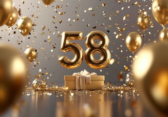 Golden Celebration Theme with Number 58, Balloons, and Confetti