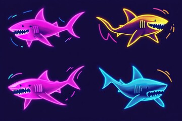 Obraz premium Neon Shark Collection: Four Sharks with Vibrant Colors on a Dark Background. Fun and Unique Ocean Art