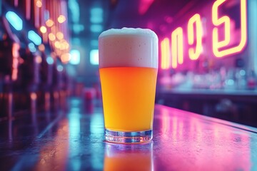 Refreshing Beer Glass with Foam on a Bar Counter in a Vibrant Neon Ambient Setting