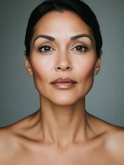Portrait of a woman with beautiful features and brown eyes, posing against a solid, neutral background.