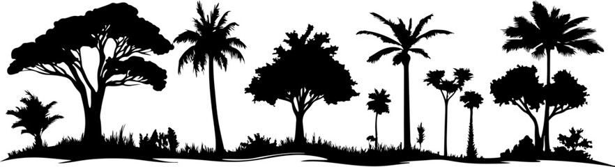Silhouettes of Various Trees with Unique Shapes and Structures
